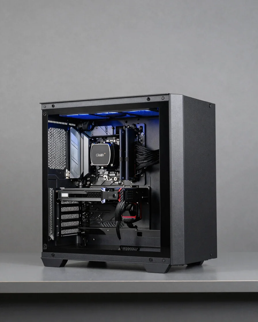 Clean product photography of a complete custom PC build on a grap